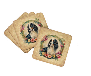 English Cocker Spaniel and Flowers Foam Coasters