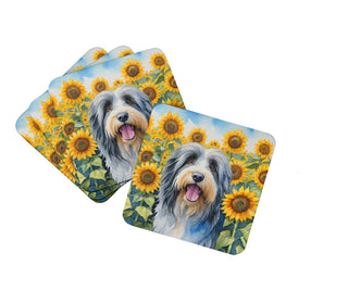 Bearded Collie in Sunflowers Foam Coasters
