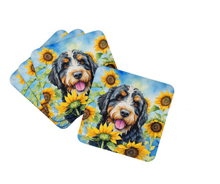 Bearded Collie in Sunflowers Foam Coasters