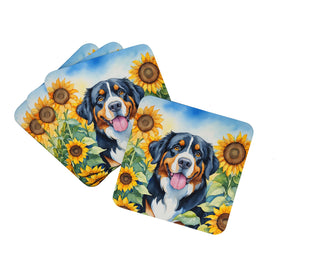 Bearded Collie in Sunflowers Foam Coasters