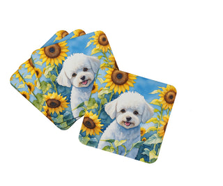 Bearded Collie in Sunflowers Foam Coasters