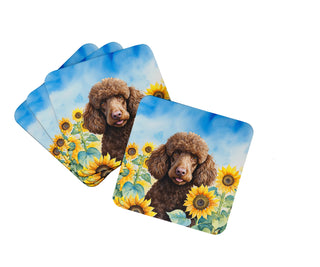 Chocolate Poodle in Sunflowers Foam Coasters