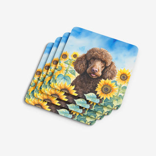 Chocolate Poodle in Sunflowers Foam Coasters