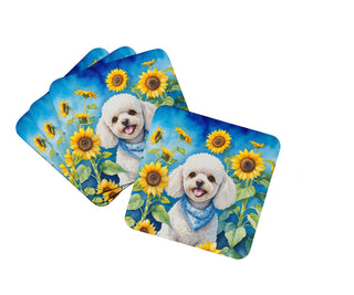 Chocolate Poodle in Sunflowers Foam Coasters