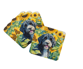 Chocolate Poodle in Sunflowers Foam Coasters