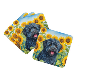 Chocolate Poodle in Sunflowers Foam Coasters